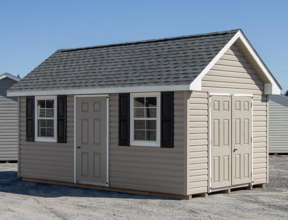 10x16 Cape Cod Style Storage Shed with Vinyl Siding and Two Doorways